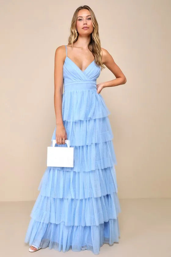 Dreamy A-Line V-Neck Spaghetti-Strap Tiered-Tulle Open-Back Floor-Length Prom Dress
