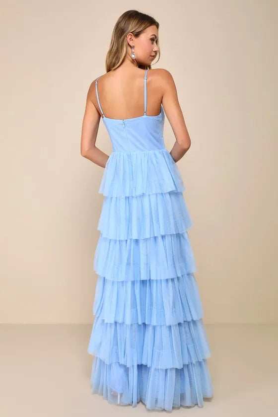 Dreamy A-Line V-Neck Spaghetti-Strap Tiered-Tulle Open-Back Floor-Length Prom Dress