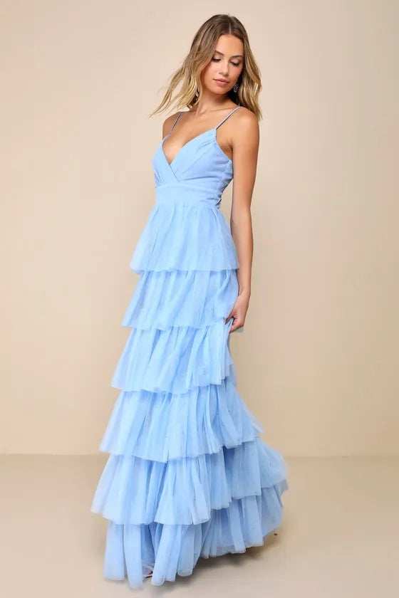 Dreamy A-Line V-Neck Spaghetti-Strap Tiered-Tulle Open-Back Floor-Length Prom Dress