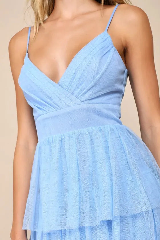 Dreamy A-Line V-Neck Spaghetti-Strap Tiered-Tulle Open-Back Floor-Length Prom Dress