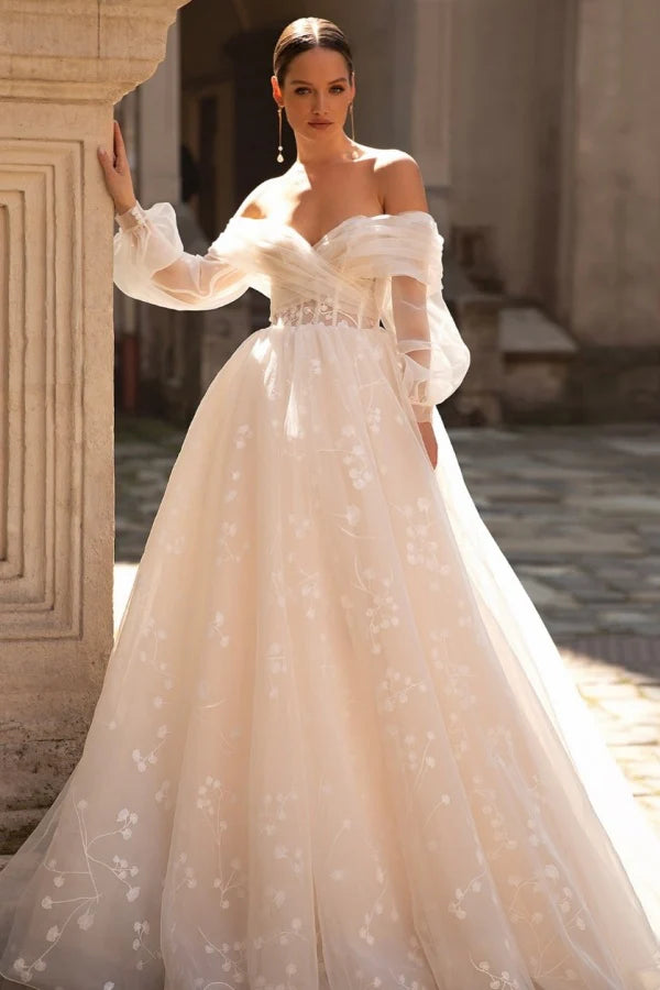 Dreamy Ballgown Sweetheart Off-The-Shoulder Sheer Back Train Wedding Dresses