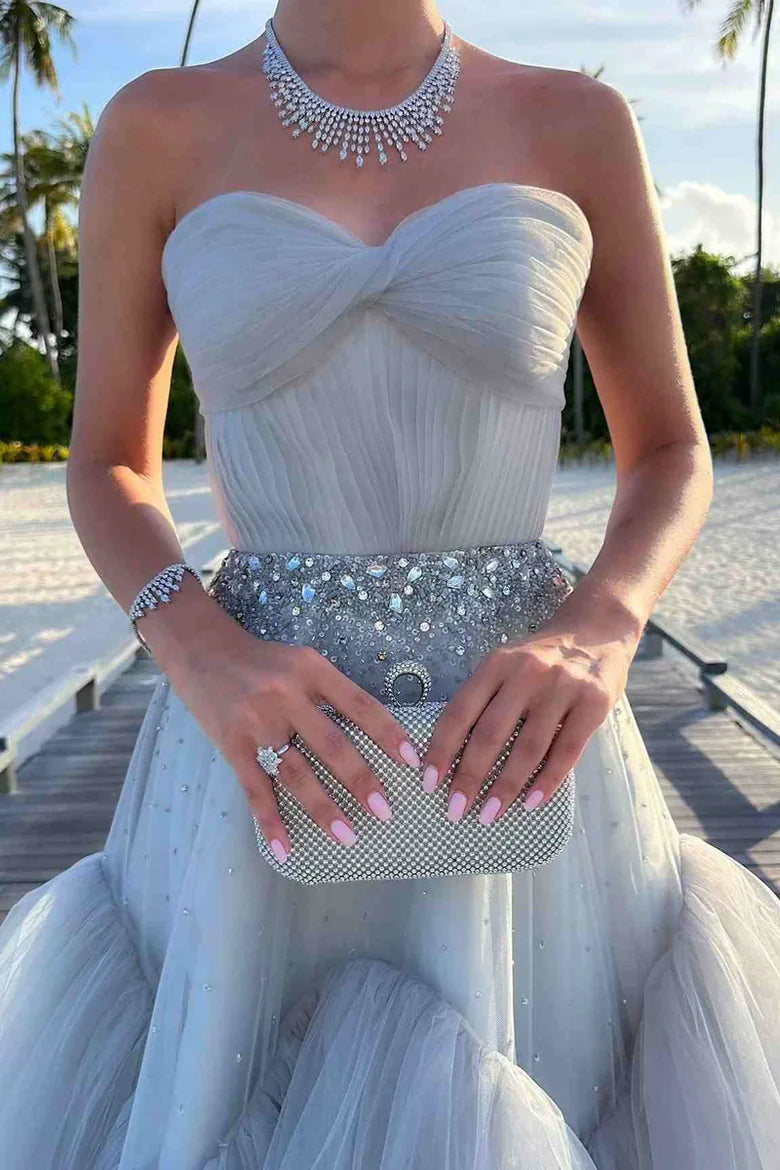 Dusty Blue Strapless Tiered Tulle Prom Dress with Beaded Waistband and Train