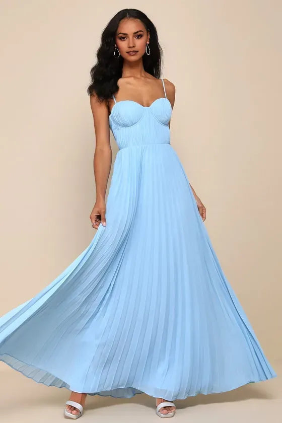 Elegance Light Blue A-Line Sweetheart Neck Spaghetti-Strap Back Zip Back Floor-Length Pleated Prom Dress
