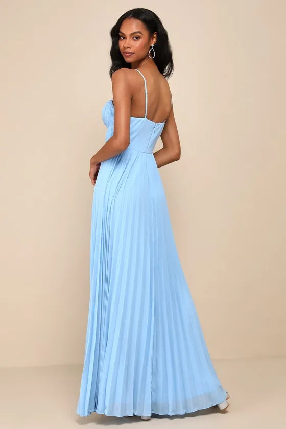 Elegance Light Blue A-Line Sweetheart Neck Spaghetti-Strap Back Zip Back Floor-Length Pleated Prom Dress
