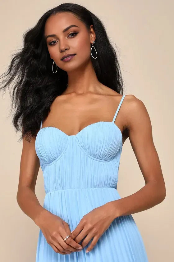 Elegance Light Blue A-Line Sweetheart Neck Spaghetti-Strap Back Zip Back Floor-Length Pleated Prom Dress