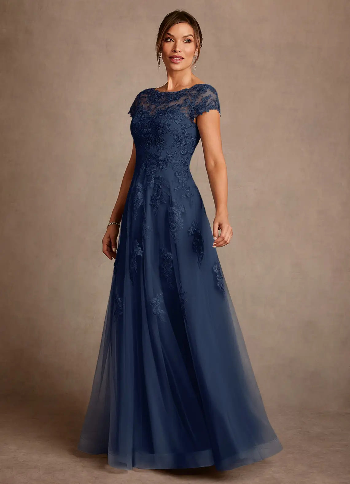 Elegant A-Line Bateau Cap Sleeve V-Back Floor-Length Mother of the Bride Dress with Appliques