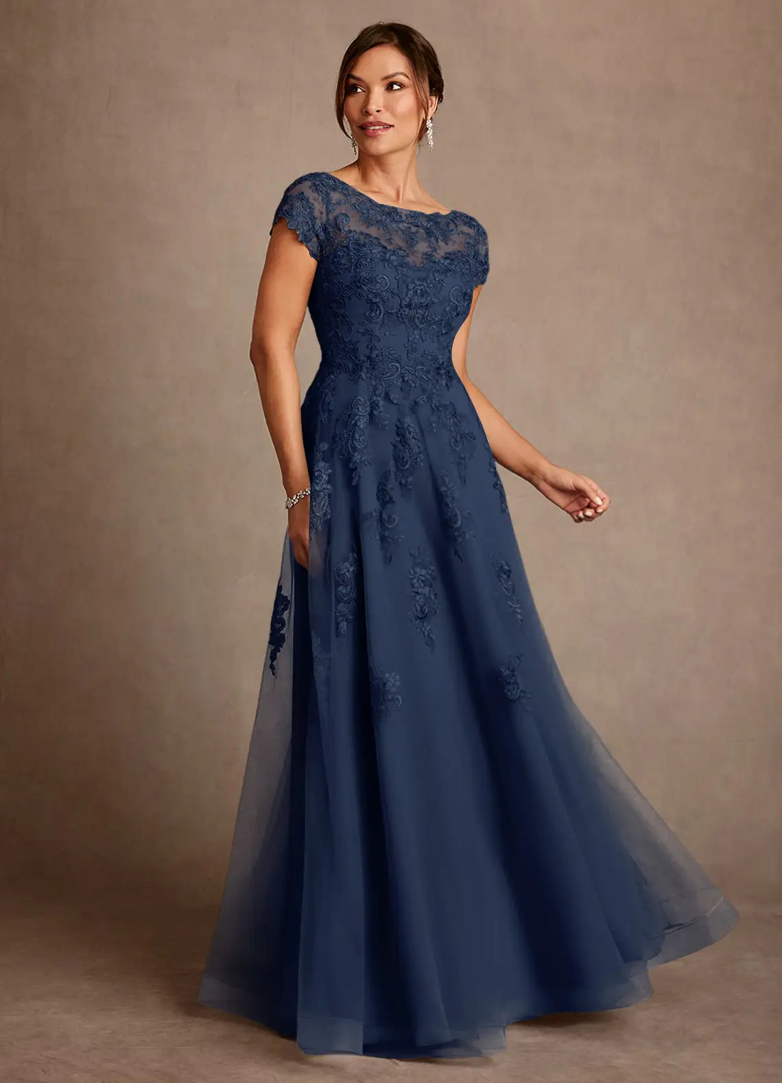 Elegant A-Line Bateau Cap Sleeve V-Back Floor-Length Mother of the Bride Dress with Appliques