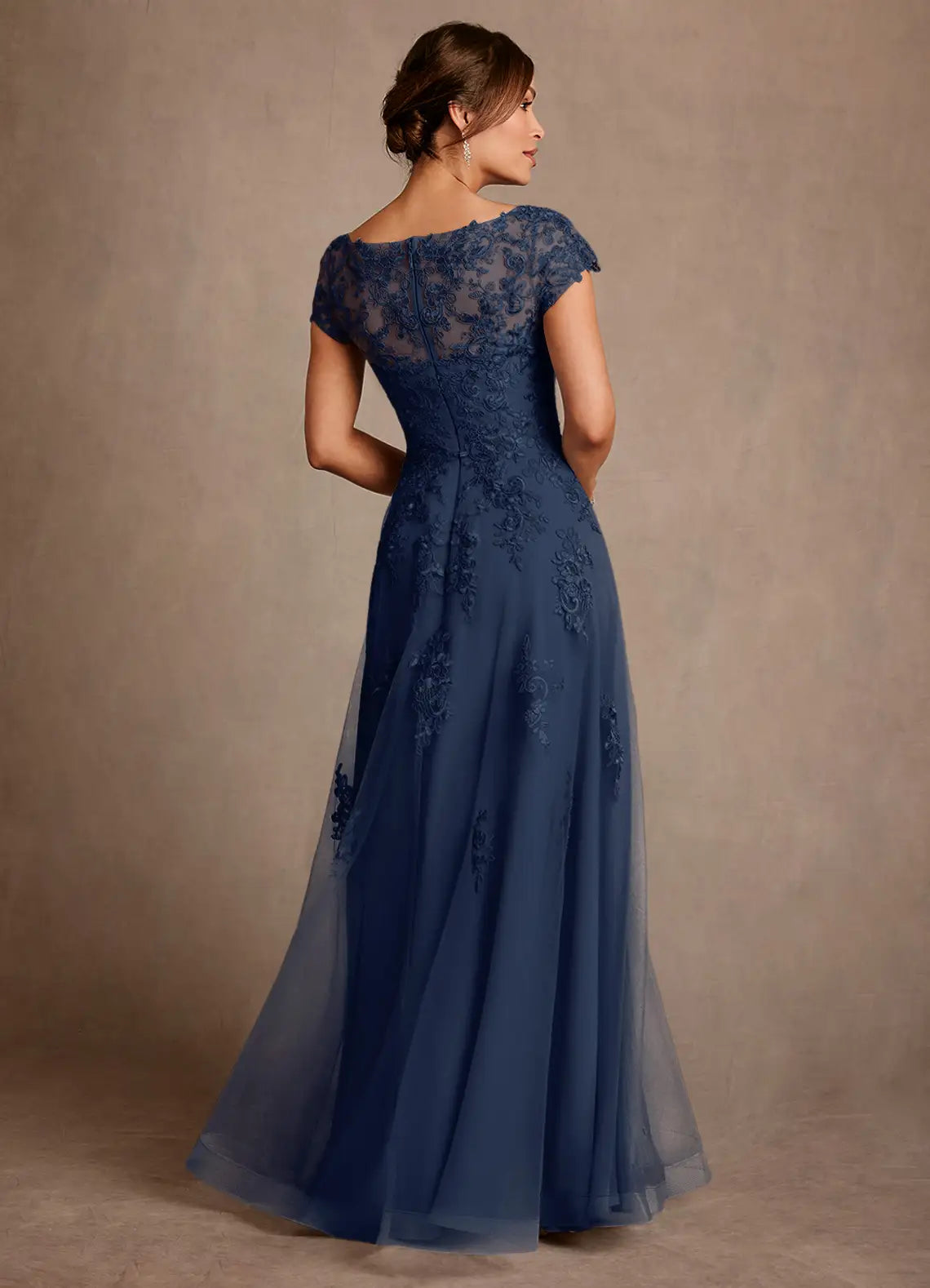 Elegant A-Line Bateau Cap Sleeve V-Back Floor-Length Mother of the Bride Dress with Appliques