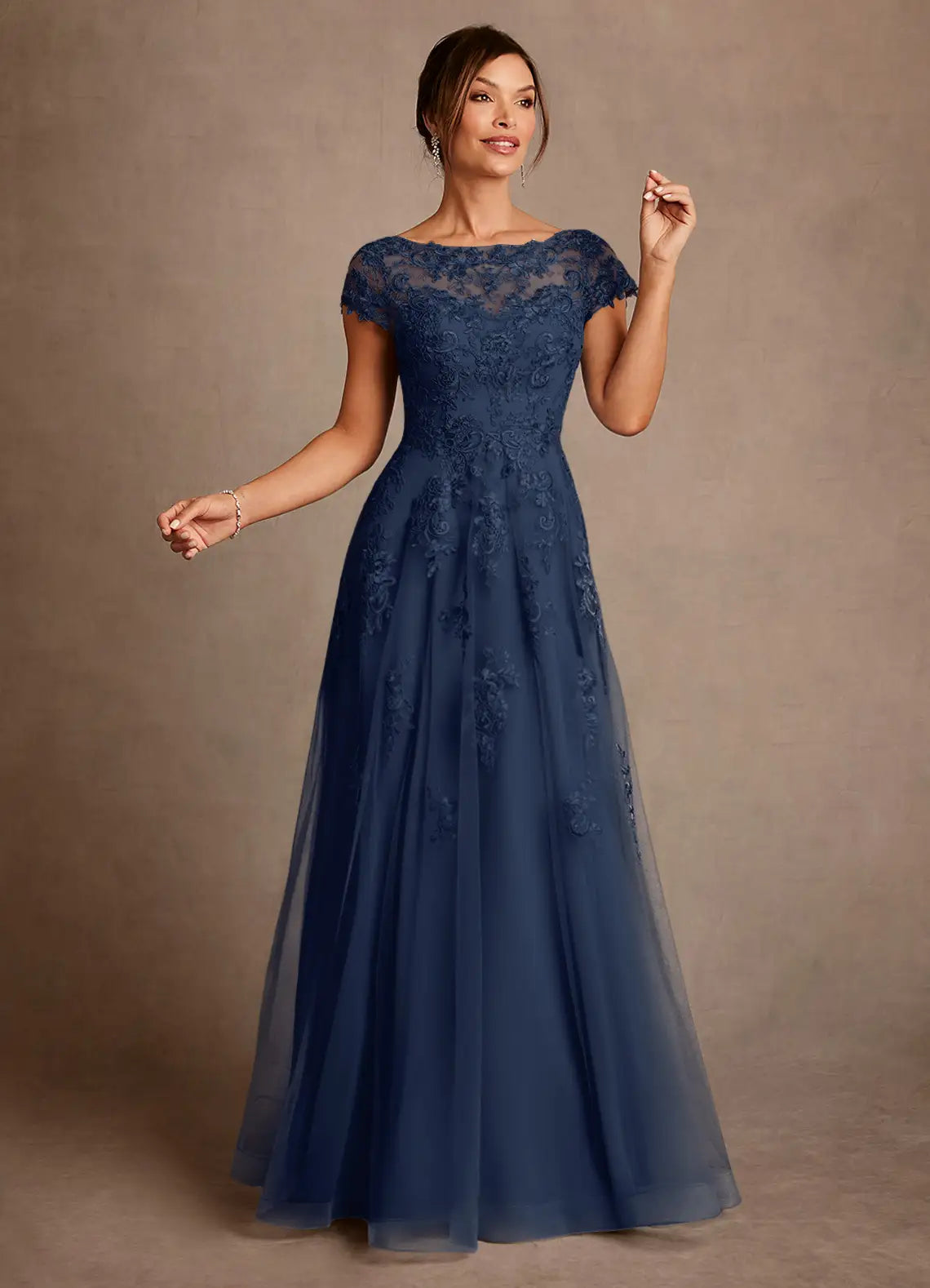 Elegant A-Line Bateau Cap Sleeve V-Back Floor-Length Mother of the Bride Dress with Appliques