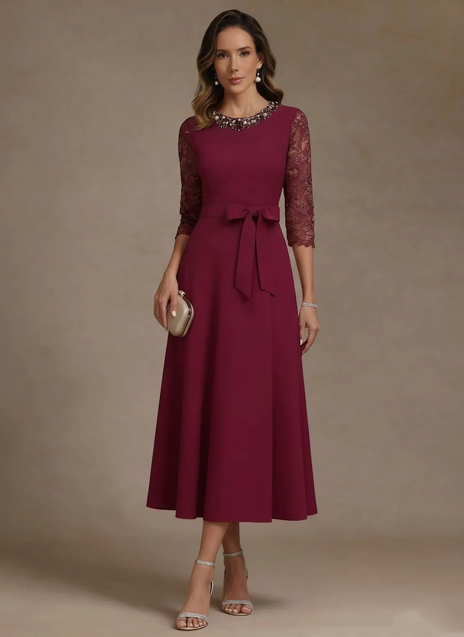 Elegant A-Line Boat-Neck 3/4-Sleeve Zip-Back Tea-Length Mother of the Bride Dresses