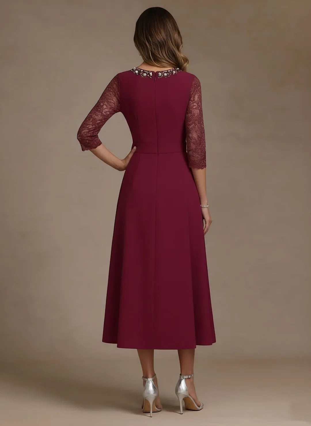 Elegant A-Line Boat-Neck 3/4-Sleeve Zip-Back Tea-Length Mother of the Bride Dresses