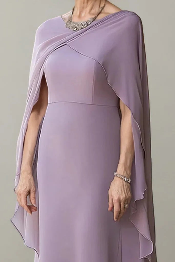 Elegant A-Line Cowl Neck Cape Sleeves Wrap Back Floor-Length Mother Of The Bride Dresses