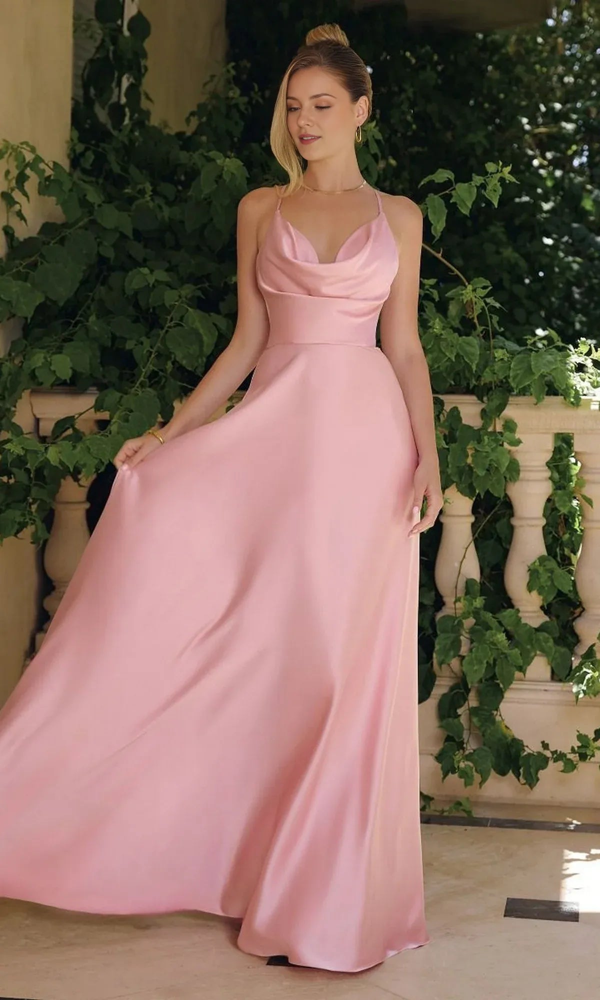 Elegant A-Line Cowl Neck Sleeveless Satin Crisscross Back Floor-Length Prom Dresses for women Hot Sale