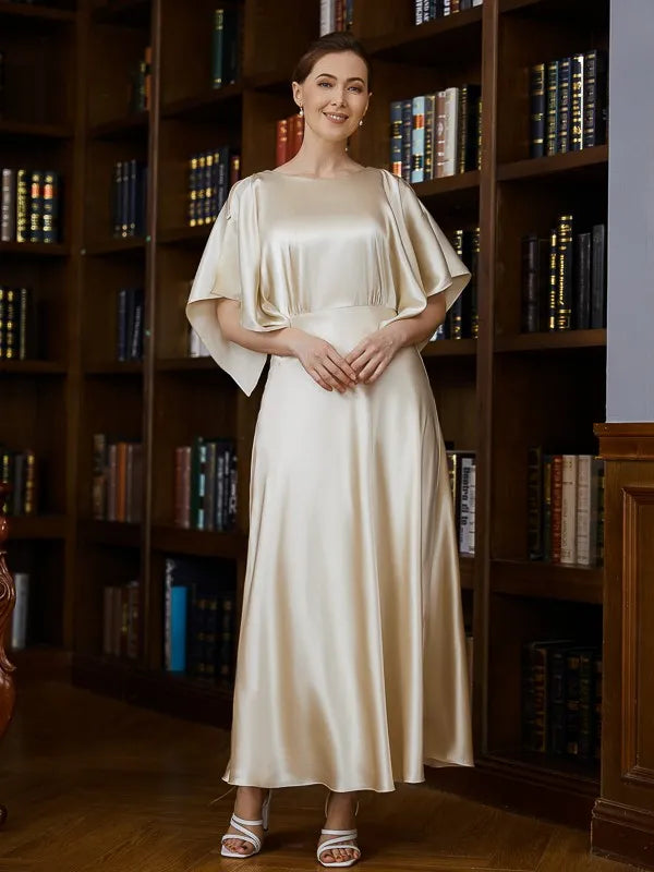 Elegant A-Line Crew Neck Cape Sleeves Zip Back Tea-Length Mother Of The Bride Dresses