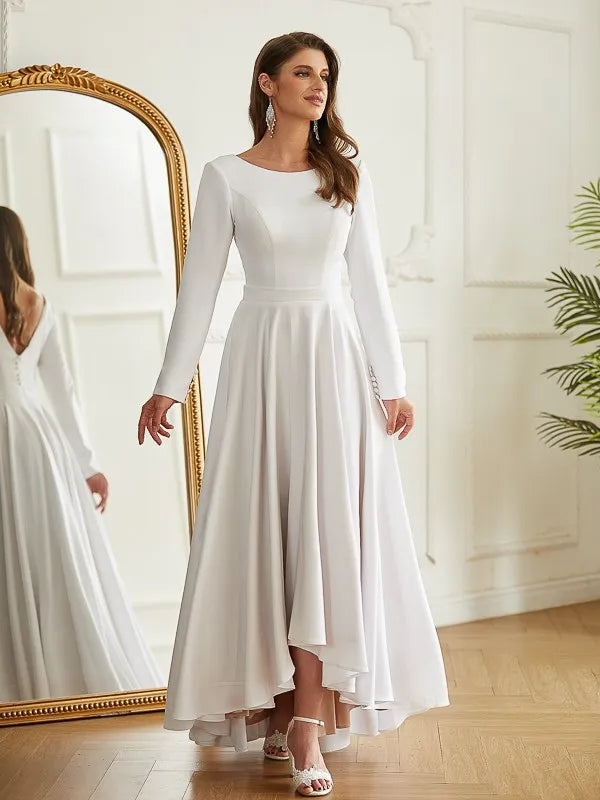 Elegant A-Line Crew Neck Long Sleeve Deep V Back High-Low Wedding Dresses