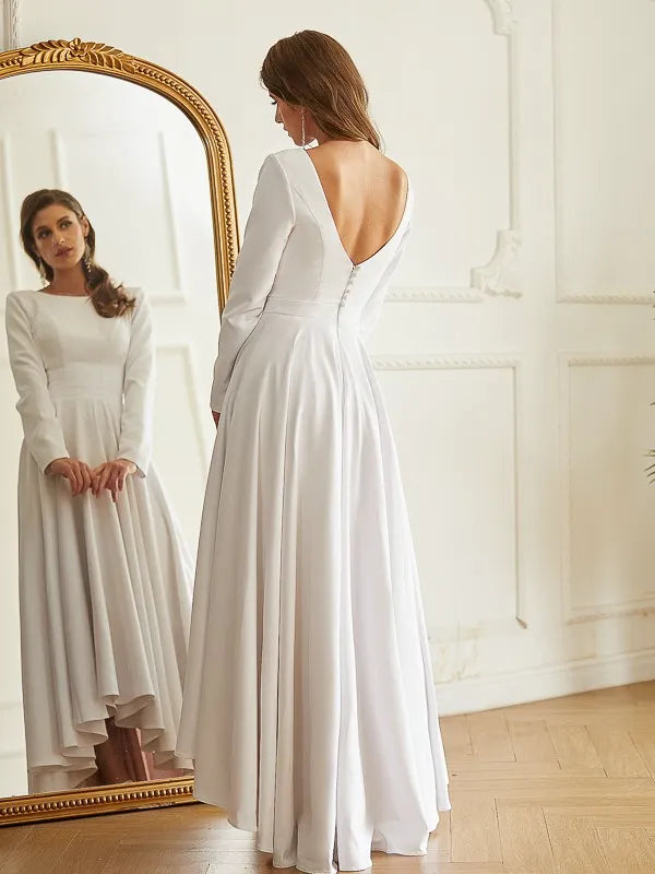 Elegant A-Line Crew Neck Long Sleeve Deep V Back High-Low Wedding Dresses
