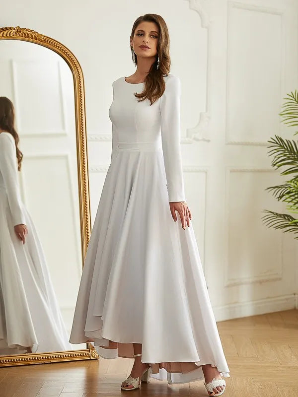 Elegant A-Line Crew Neck Long Sleeve Deep V Back High-Low Wedding Dresses