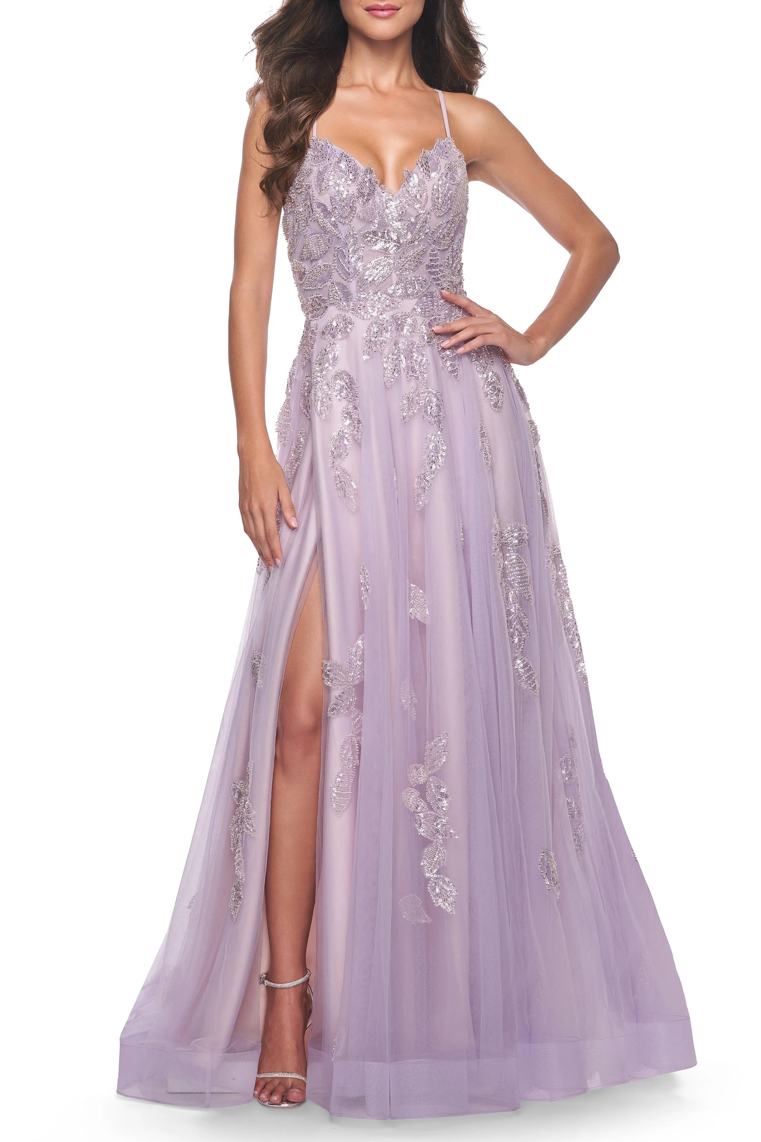 Elegant A -Line Deep V -Neck Spaghetti Strap Sequin Crisscross Back Slit Tulle Floor Length Prom Dress with Floral Beaded Detail