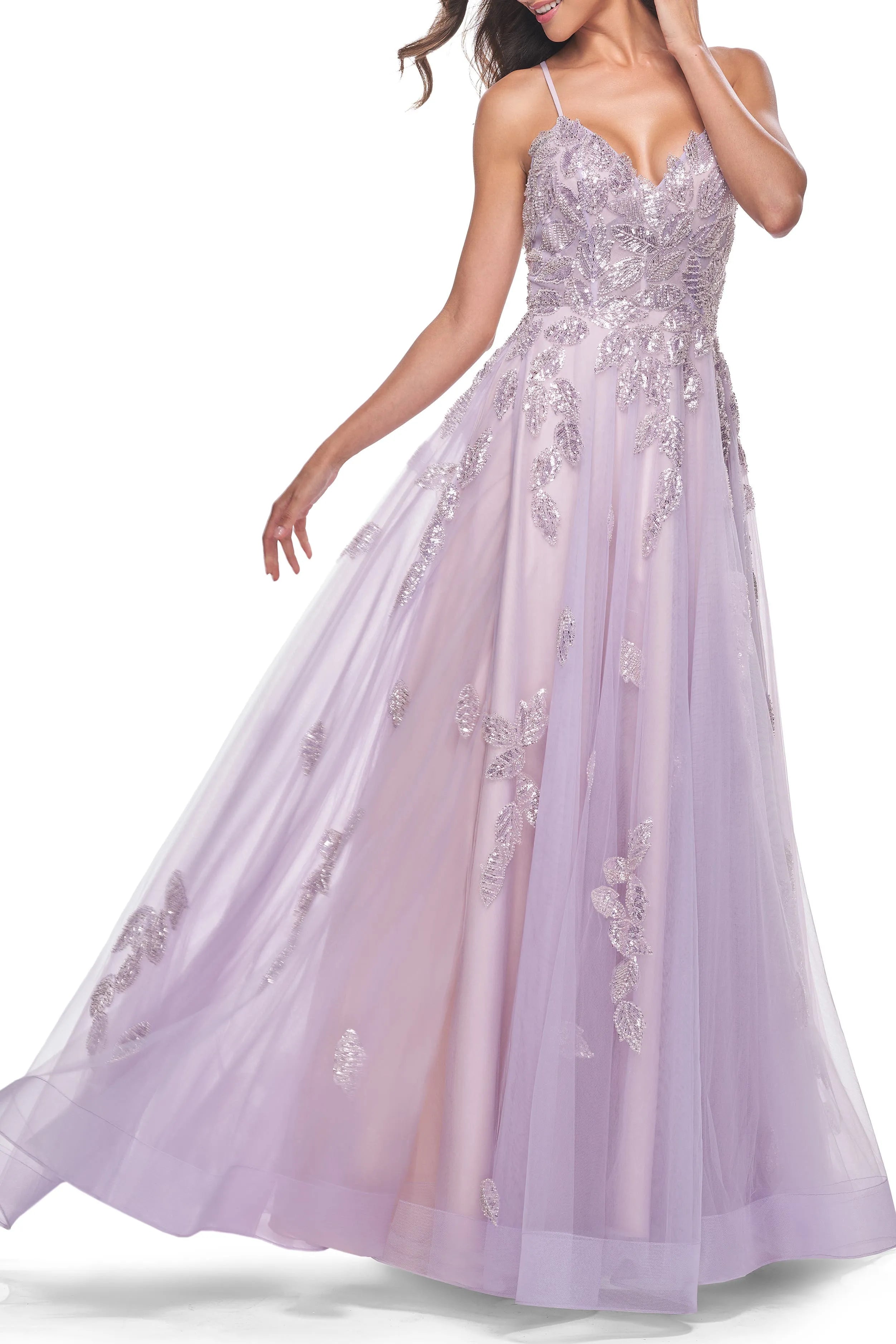 Elegant A -Line Deep V -Neck Spaghetti Strap Sequin Crisscross Back Slit Tulle Floor Length Prom Dress with Floral Beaded Detail