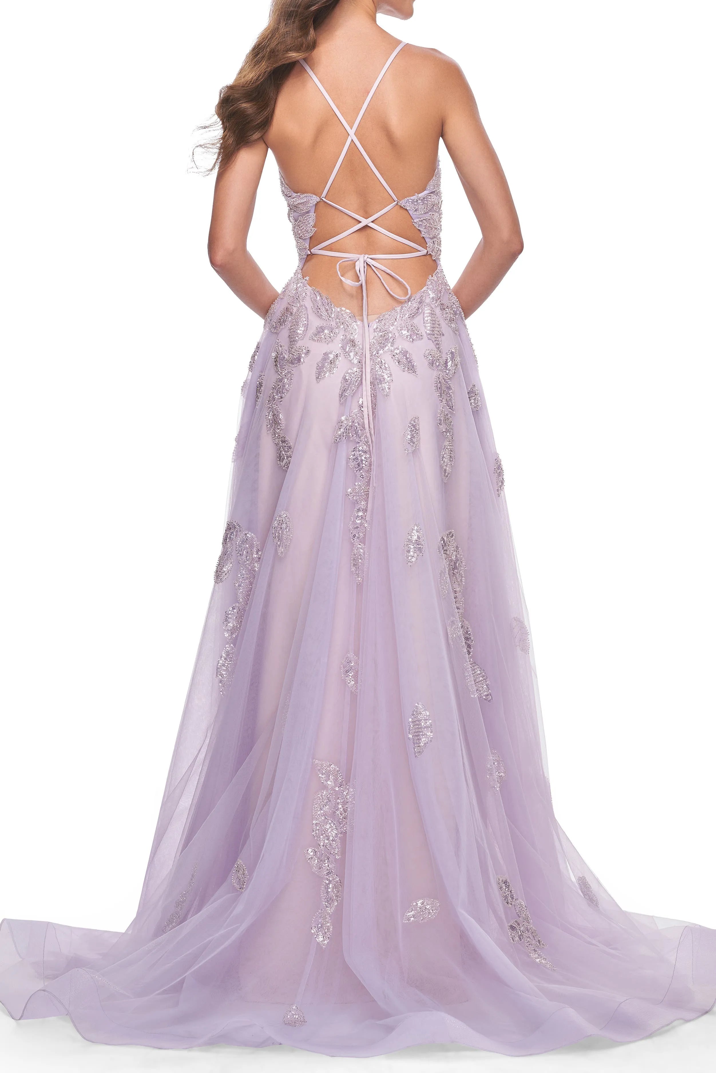 Elegant A -Line Deep V -Neck Spaghetti Strap Sequin Crisscross Back Slit Tulle Floor Length Prom Dress with Floral Beaded Detail