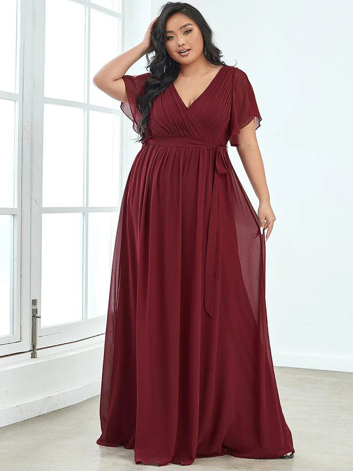 Elegant A-Line Deep V Flutter Sleeve Belted Back Floor-Length Event Plus Size Dresses