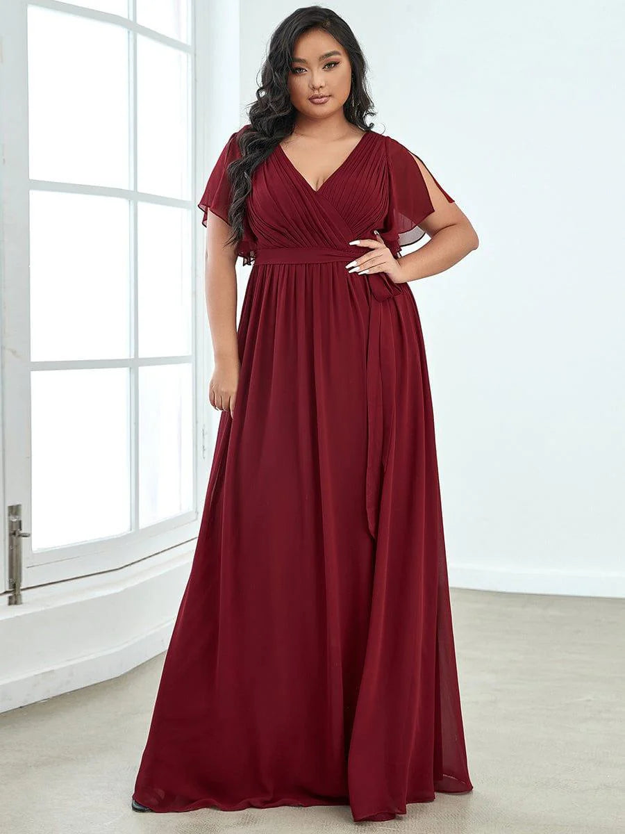 Elegant A-Line Deep V Flutter Sleeve Belted Back Floor-Length Event Plus Size Dresses
