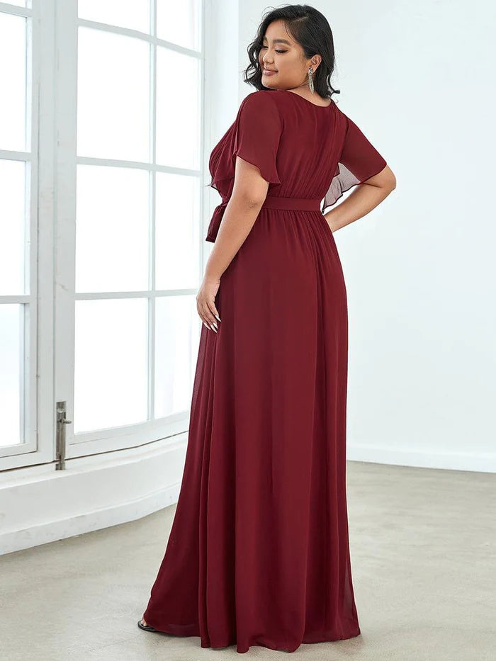 Elegant A-Line Deep V Flutter Sleeve Belted Back Floor-Length Event Plus Size Dresses
