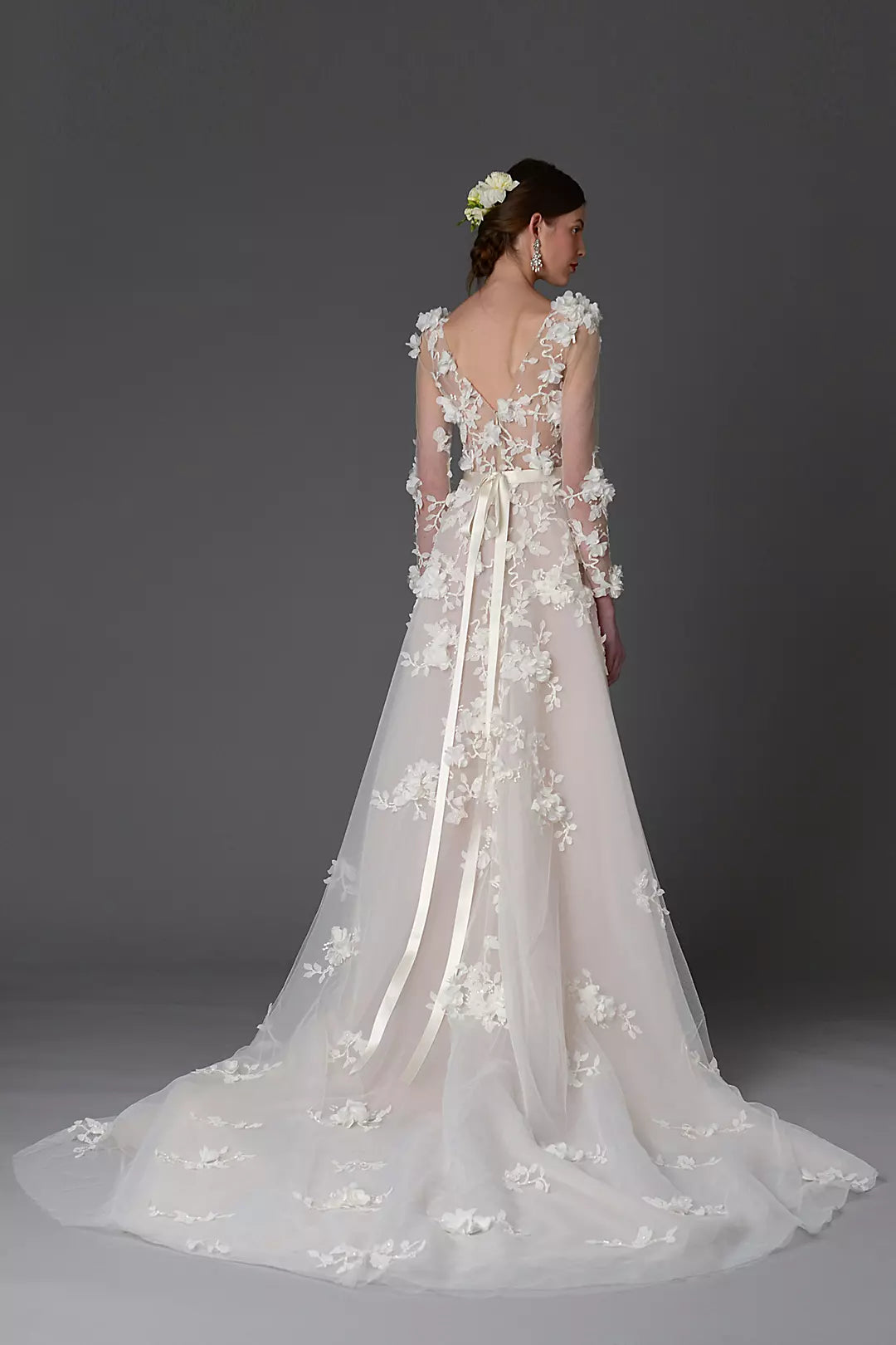 Elegant A-Line Deep V Neck Long Sleeve Bow Back Floor-Length Wedding Dresses