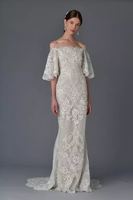 Elegant A-Line Deep V Neck Long Sleeve Bow Back Floor-Length Wedding Dresses