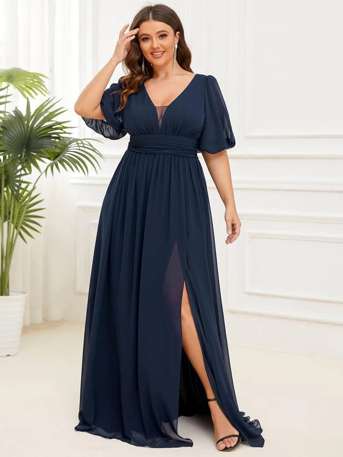 Elegant A-Line Deep V Puff Sleeve Smocked Back Floor-Length Bridesmaid Plus Size Dresses
