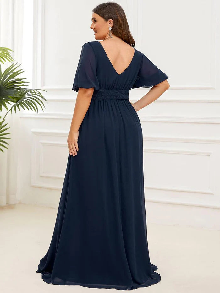 Elegant A-Line Deep V Puff Sleeve Smocked Back Floor-Length Bridesmaid Plus Size Dresses