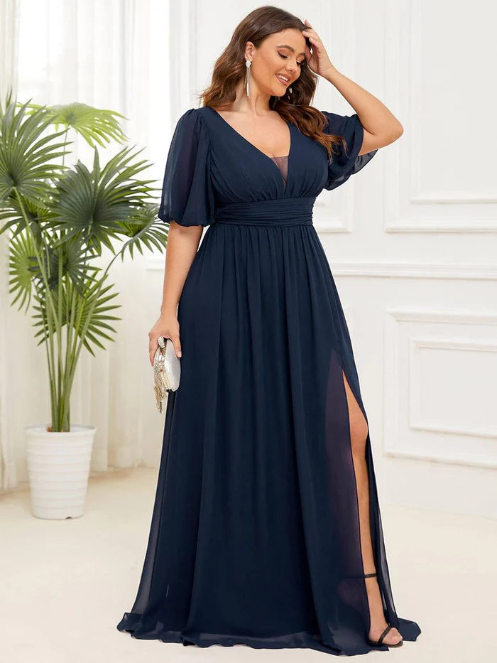 Elegant A-Line Deep V Puff Sleeve Smocked Back Floor-Length Bridesmaid Plus Size Dresses
