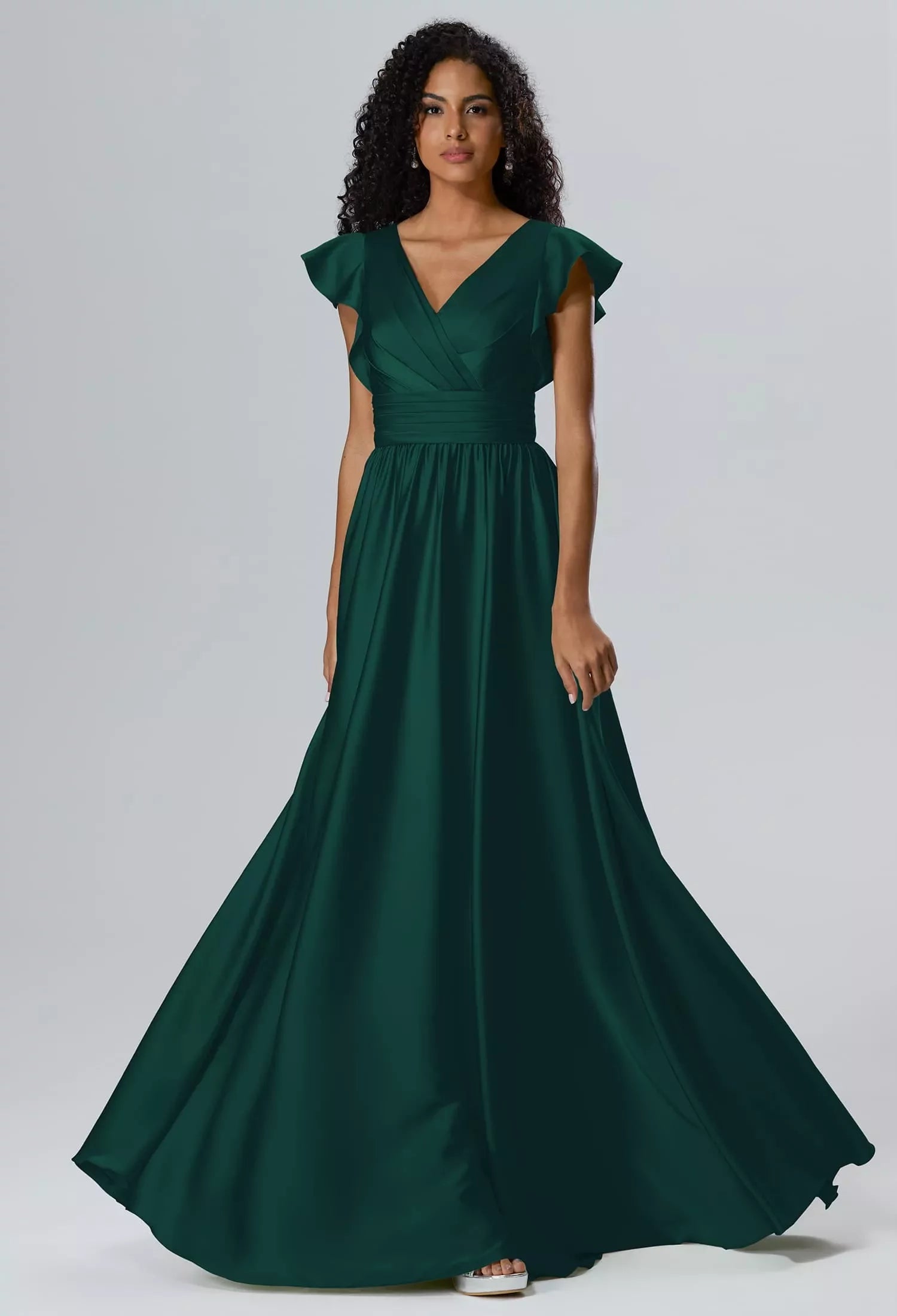 Elegant A-Line Deep V Ruffle Sleeve Keyhole Back Floor-Length Evening Dresses