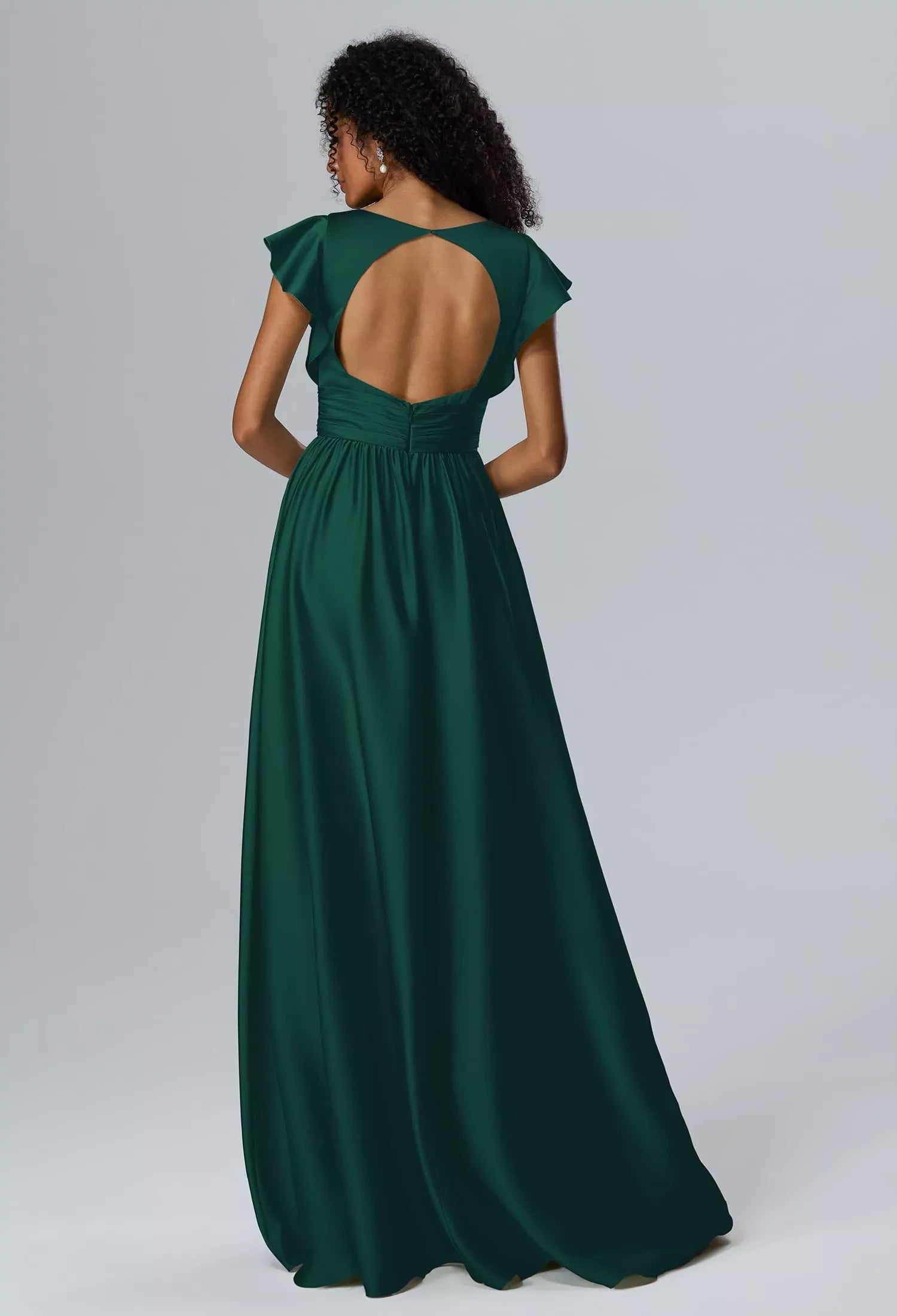 Elegant A-Line Deep V Ruffle Sleeve Keyhole Back Floor-Length Evening Dresses