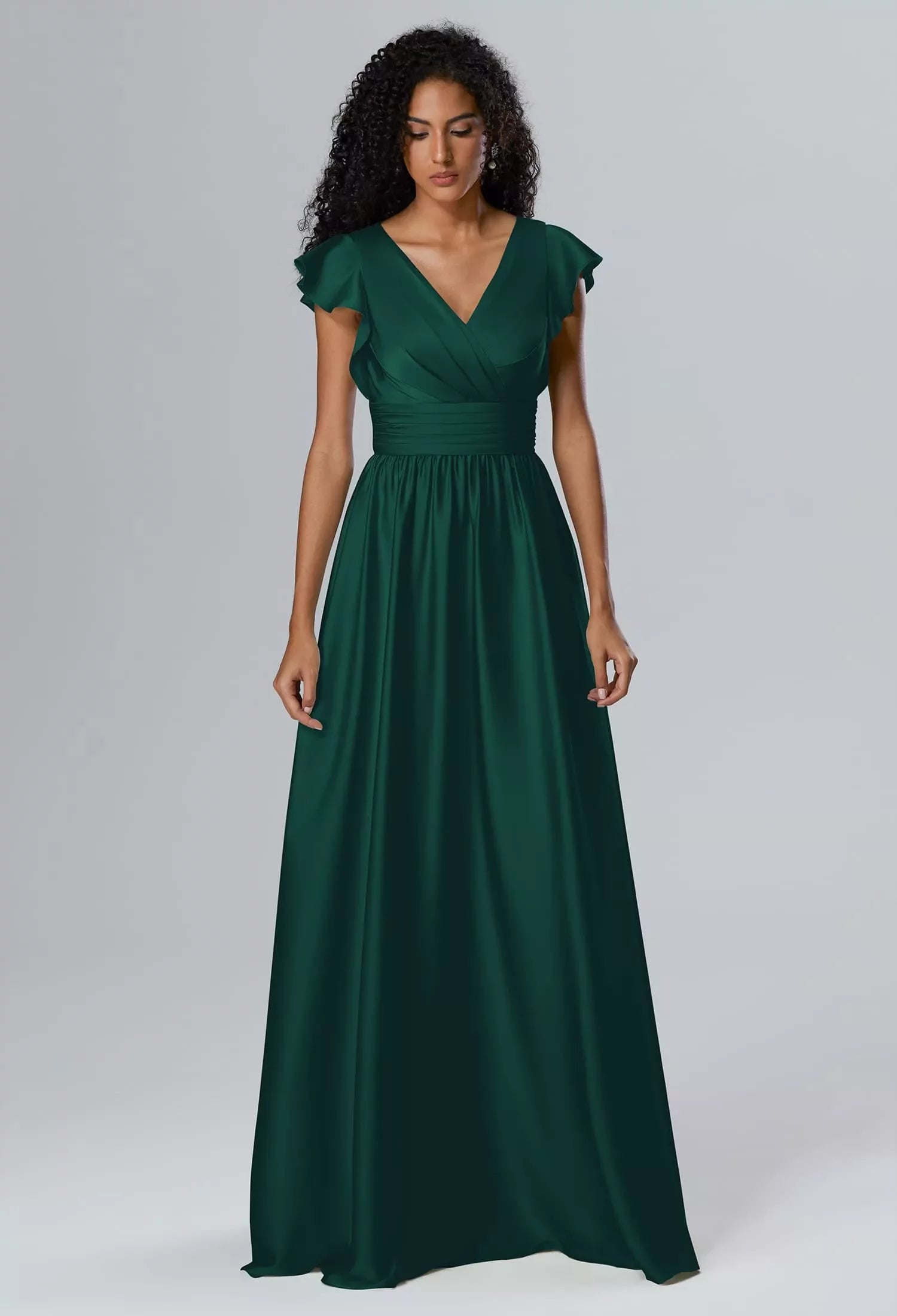 Elegant A-Line Deep V Ruffle Sleeve Keyhole Back Floor-Length Evening Dresses