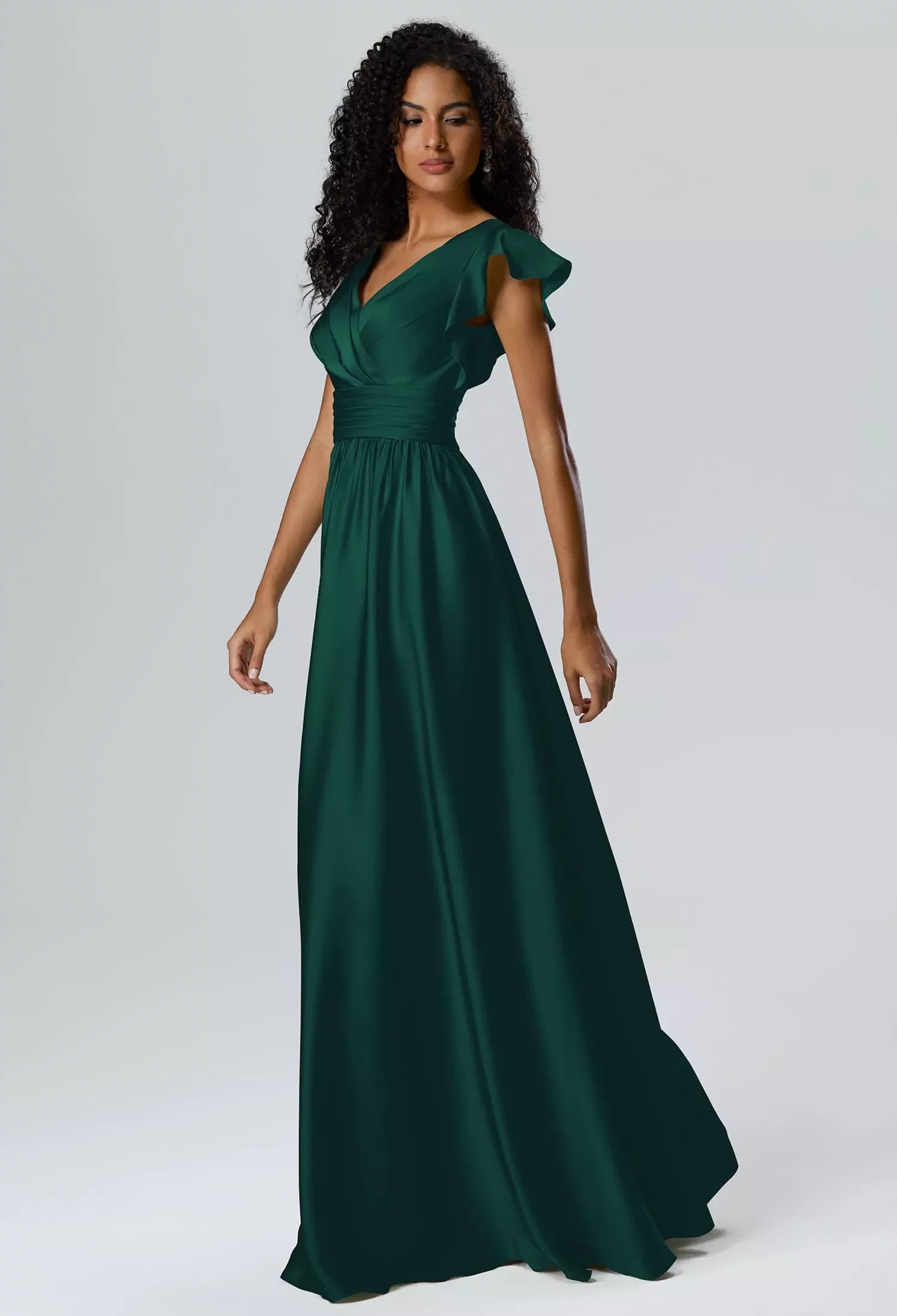 Elegant A-Line Deep V Ruffle Sleeve Keyhole Back Floor-Length Evening Dresses