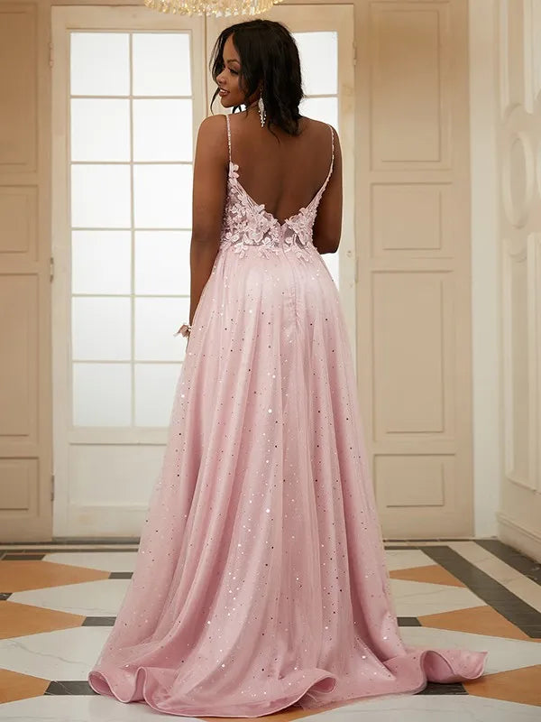 Elegant A-Line Deep V Thin Strap Open Back Floor-Length Tulle Applique Prom Plus Size Dresses