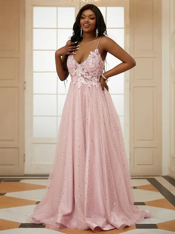 Elegant A-Line Deep V Thin Strap Open Back Floor-Length Tulle Applique Prom Plus Size Dresses