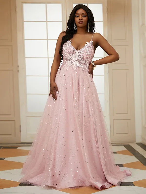 Elegant A-Line Deep V Thin Strap Open Back Floor-Length Tulle Applique Prom Plus Size Dresses