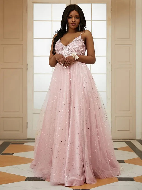 Elegant A-Line Deep V Thin Strap Open Back Floor-Length Tulle Applique Prom Plus Size Dresses