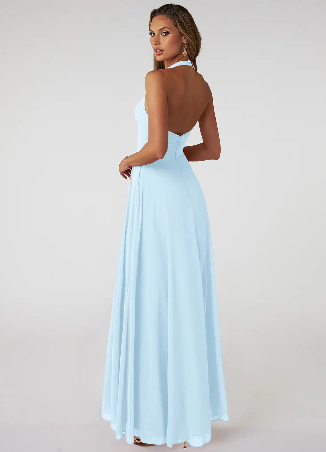 Elegant A-Line Halter Neck Sleeveless Open Back Floor-Length Bridesmaid Dresses