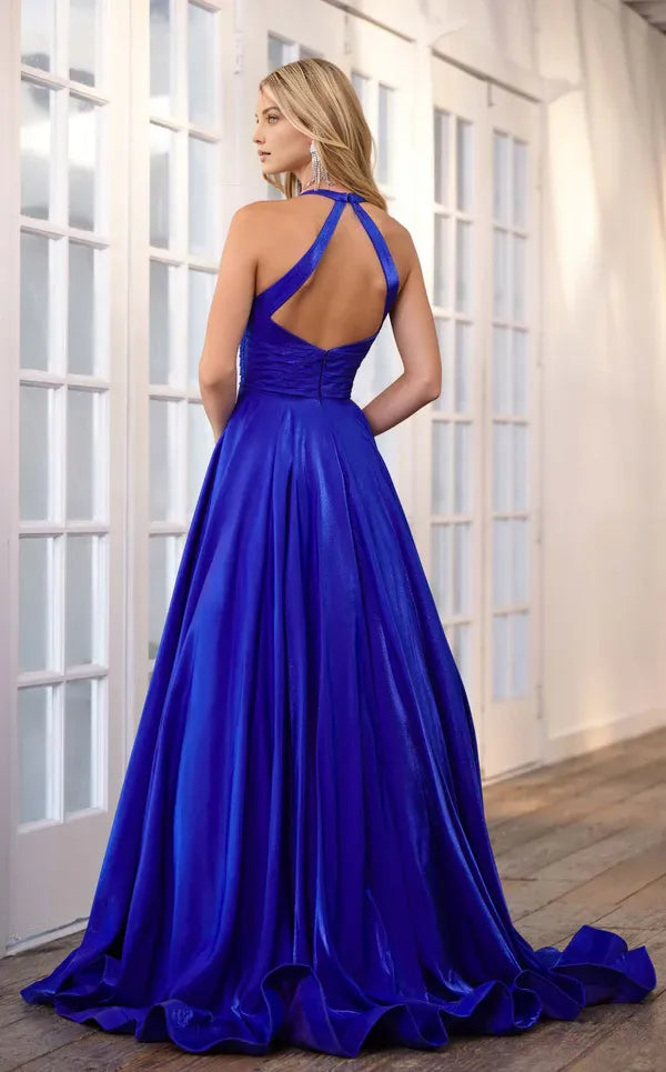Elegant A-Line Halter Neck Sleeveless Ruched Open Back Satin Floor-Length Prom Dresses  for sale