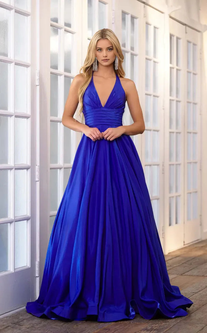 Elegant A-Line Halter Neck Sleeveless Ruched Open Back Satin Floor-Length Prom Dresses  for sale