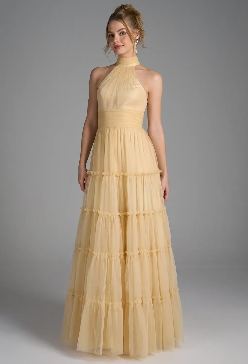 Elegant A-Line Halter Neck Sleeveless Zipper Back Long Evening Dresses