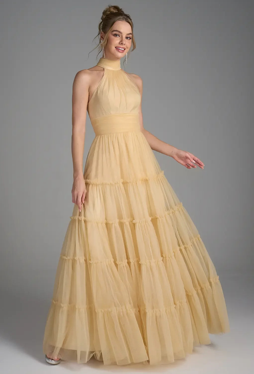 Elegant A-Line Halter Neck Sleeveless Zipper Back Long Evening Dresses