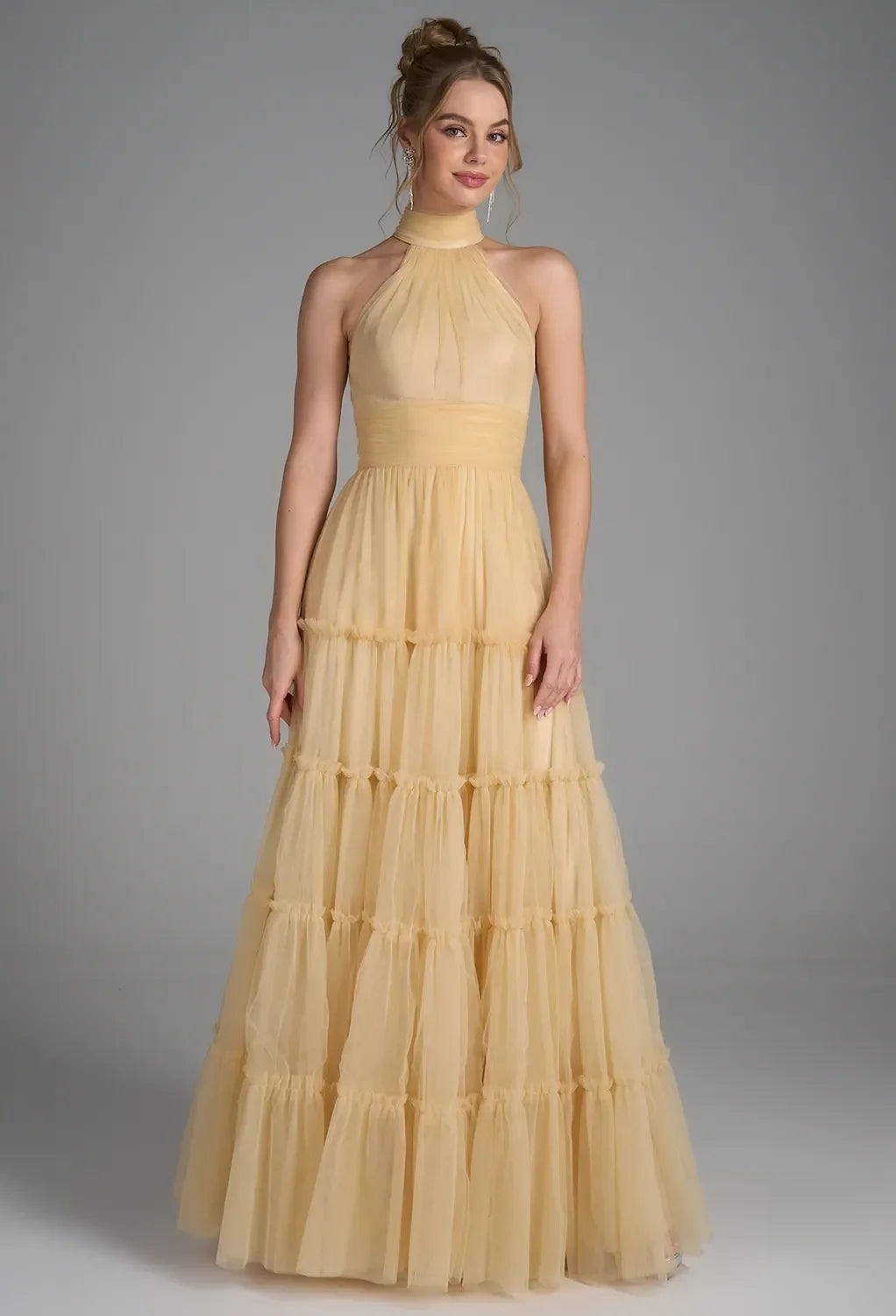 Elegant A-Line Halter Neck Sleeveless Zipper Back Long Evening Dresses