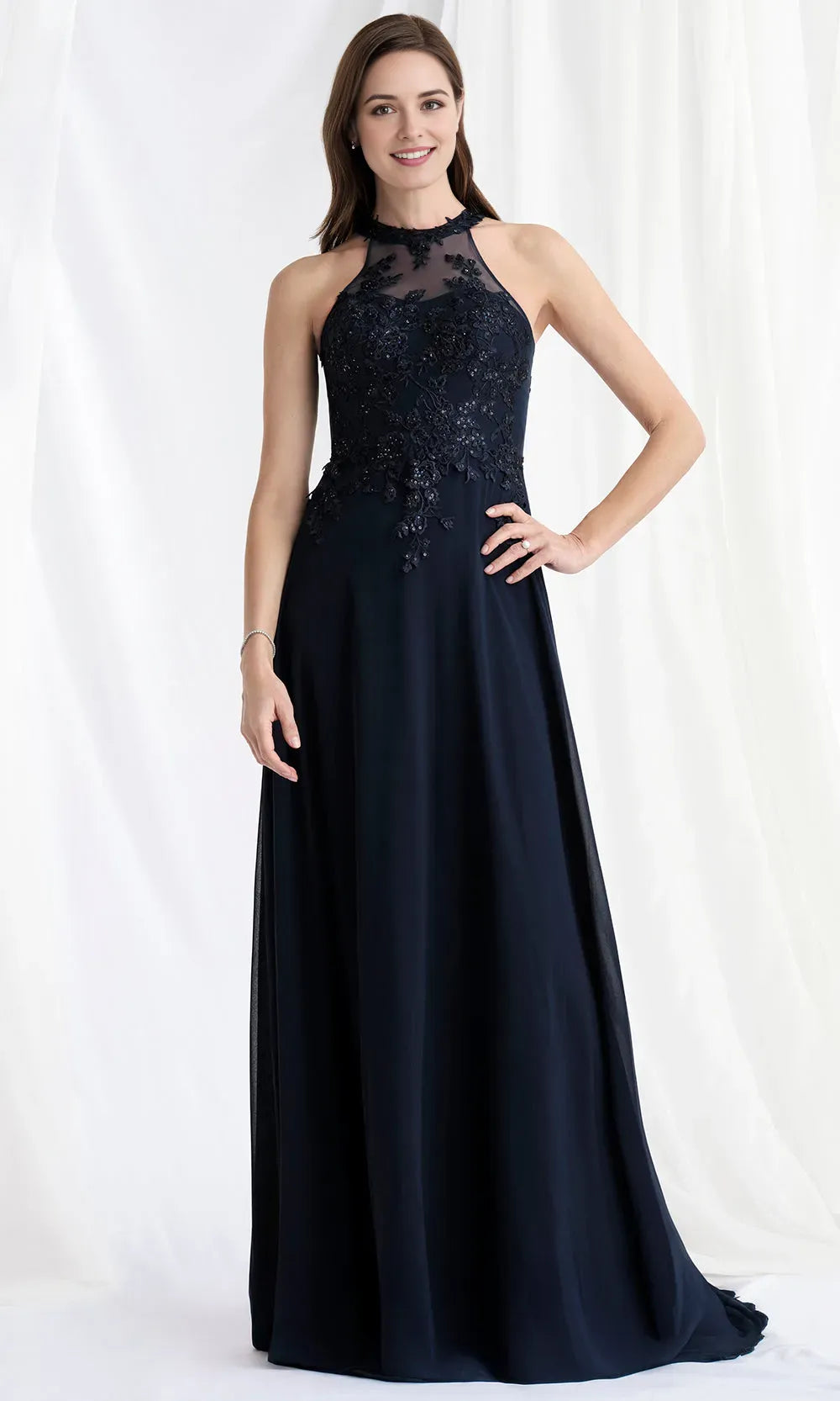 Elegant A-Line High Neck Sleeveless Beaded Embroidery Zip-Back Floor-Length Mother of the Bride Dress