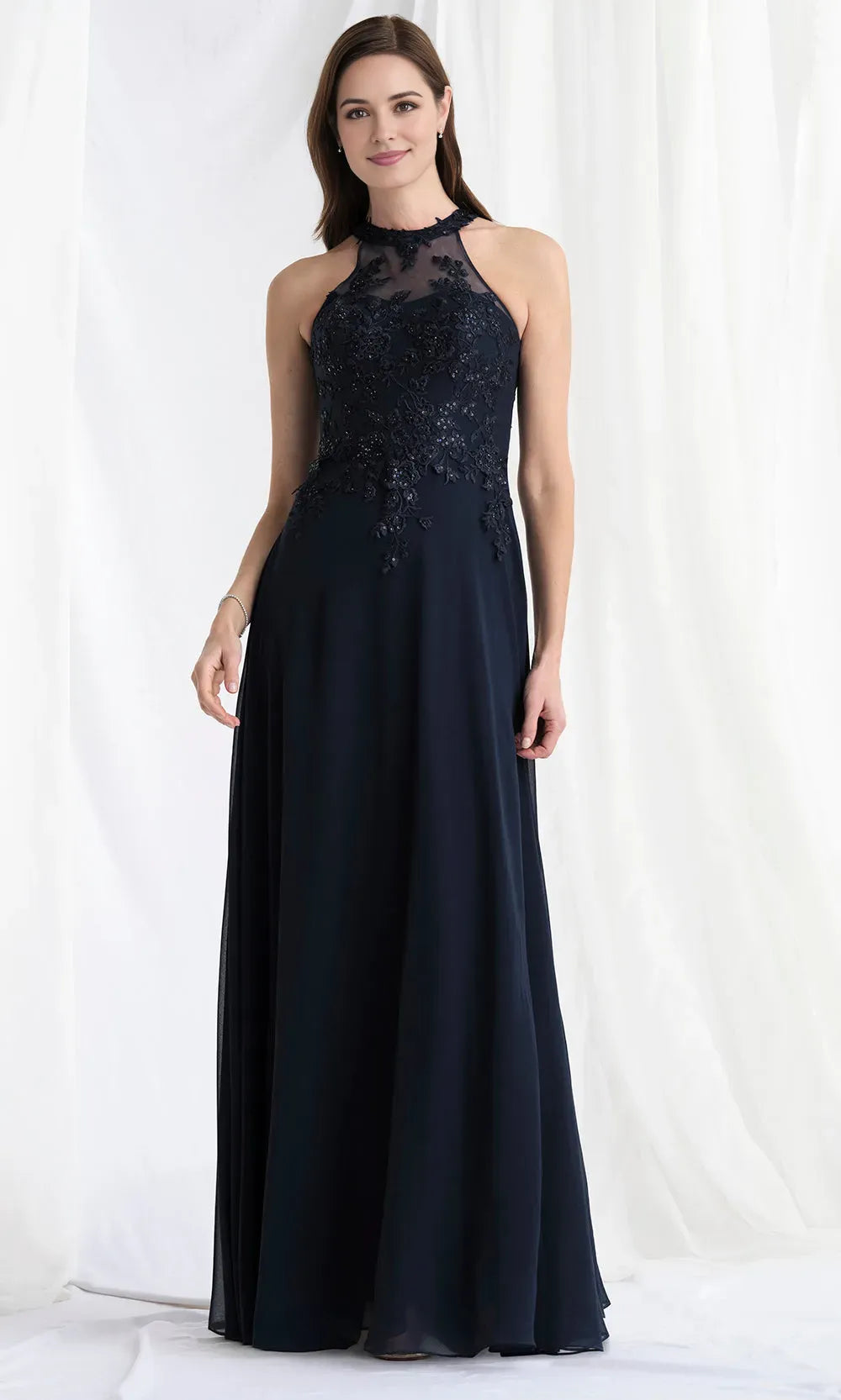 Elegant A-Line High Neck Sleeveless Beaded Embroidery Zip-Back Floor-Length Mother of the Bride Dress