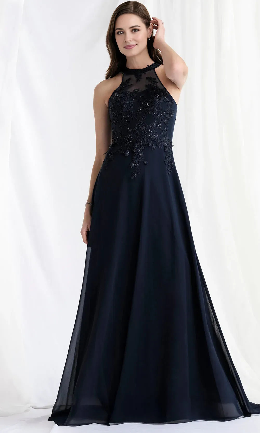 Elegant A-Line High Neck Sleeveless Beaded Embroidery Zip-Back Floor-Length Mother of the Bride Dress