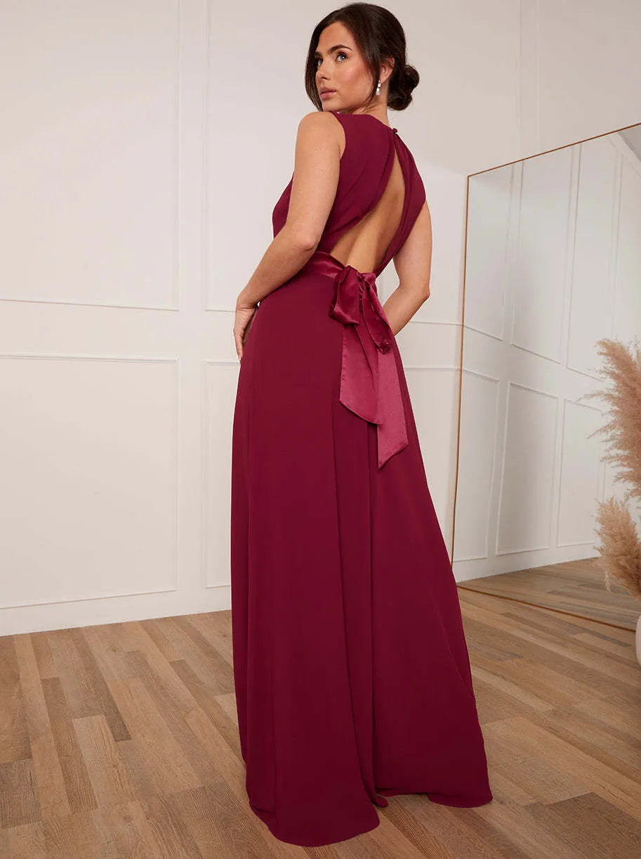 Elegant A-Line High Neck Sleeveless Bow Back Floor-Length Evening Dresses